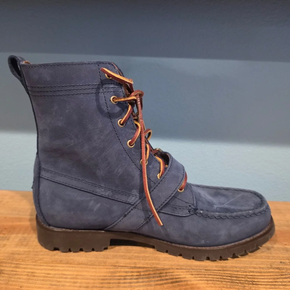 Polo Ralph Lauren Mens Ranger Boots Navy Blue Nubuck Leather Buckle Strap 9.5